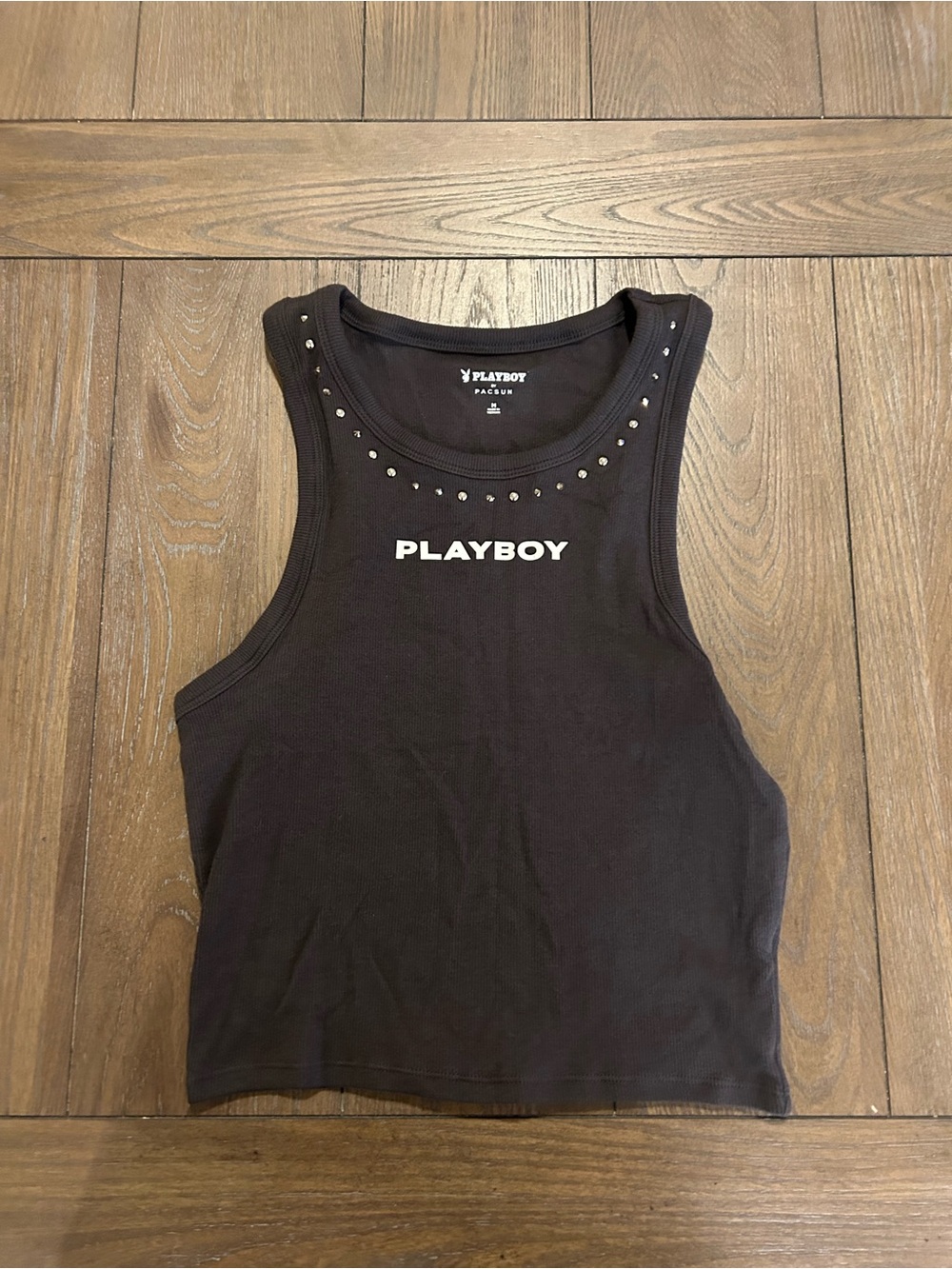PLAYBOY Black Studded Crewneck Crop Tank